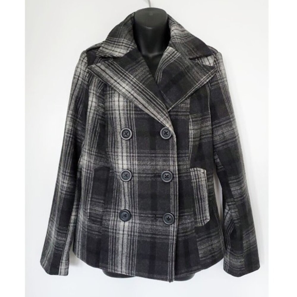 Plaid Wool Blend Old Navy Grey  Double Breasted Pea Coat Size M Dark Academia